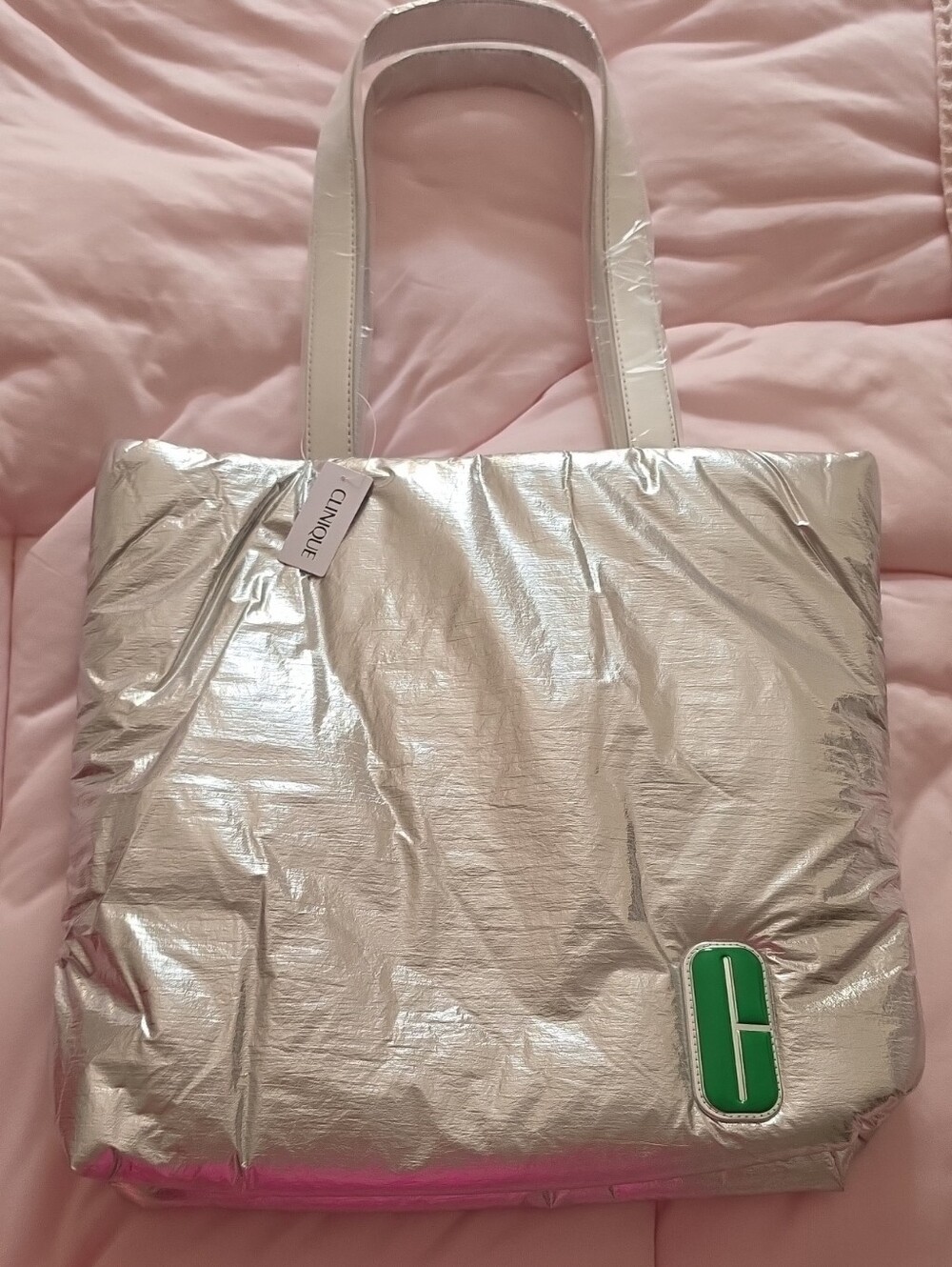 Clinique Metallic Silver Tote with Green Logo Accent